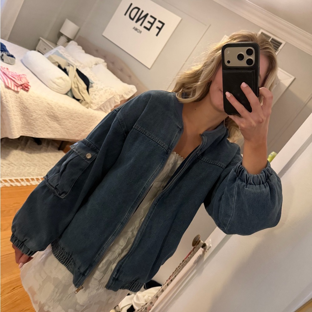 Blue Blush Cargo Denim Bomber Jacket